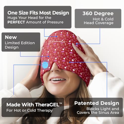 TheraICE Headache Relief Cap for Women, Headache Hat Migraine Ice Pack Mask - color: Red, size: One Size