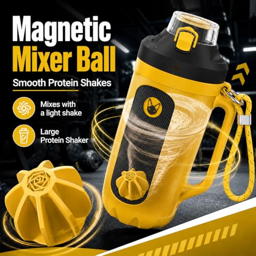 32oz Insulated Water Bottle Multi-Function Sports Jug with Handle & Magnetic Blender - Leak Resistant for Baseball Football Gym & Outdoor Activities (Vibrant Yellow & Carbon Black) - color: Vibrant Yellow & Carbon Black