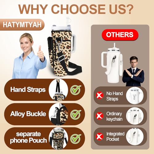 Water Bottle Carrier Bag for Stanley Cup 40oz/30oz with Phone Pocket, Neoprene Water Bottle Holder with Adjustable Shoulder & Handle Strap, Stanley Cup Accessories for Walking Travel Gym - color: Brown Leopard Print