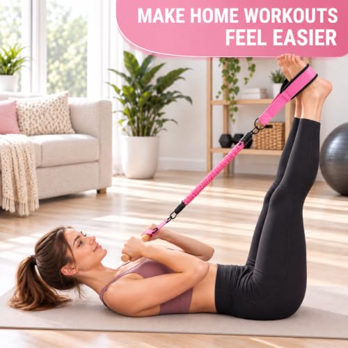Pedal Resistance Band with Wood Handle, 3 x 30 lb Tubes - color: Pink