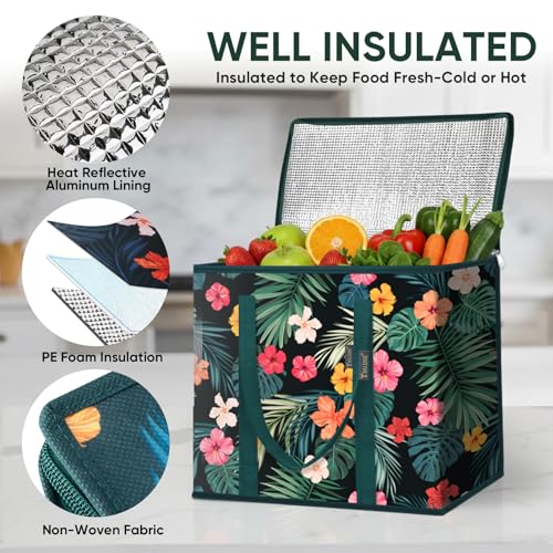 BALEINE Insulated Reusable Grocery Bags with Zippered Top, Large Cooler Bag - color: Blossom Season, size: 2 Pack