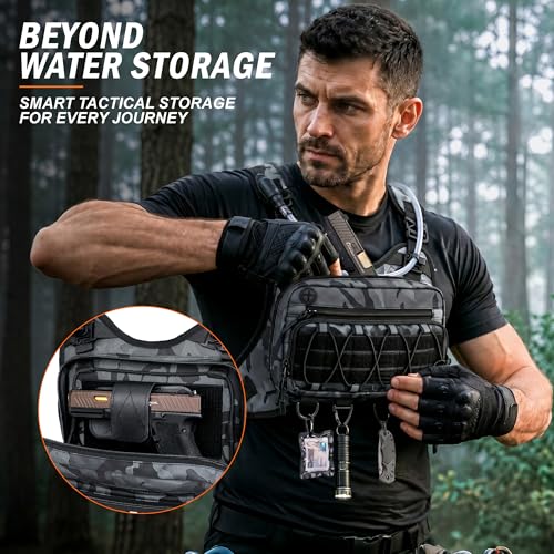 BECOJADDE Running Vest for Men with 2L Water Bladder Tactical Hydration Backpack Adjustable Lightweight Chest Pack for Marathon Hunting Cycling - color: Urban Camo