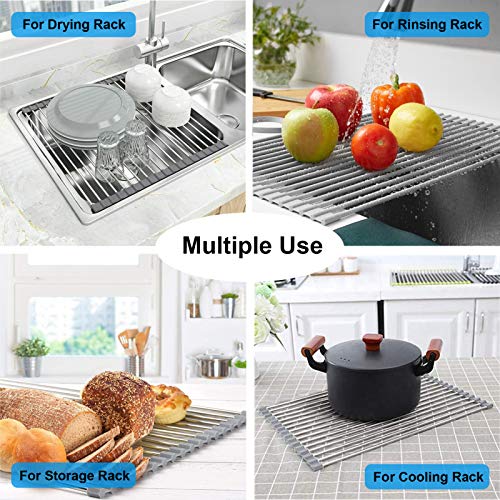 Searik Dish Drying Rack Roll Up Sink Drying Rack, Over The Sink Dish Rack Multi-Use Stainless Steel Dish Drainers Heat Resistant Mat for Drying Draining Trivet (17.7"x13.8") - color: Gray, size: 17.7"x13.8"