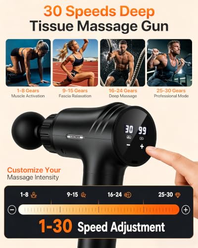 Massage Gun, 30 Speeds, 6 Heads, Quiet Deep Tissue Muscle Massager - color: Black