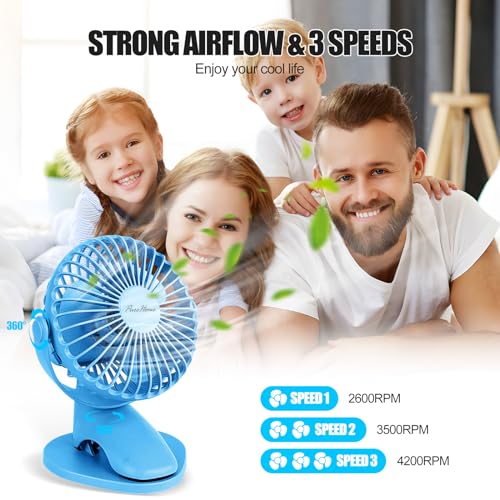 Portable Clip Fan Battery Operated,3 Speeds USB Rechargeable Mini Table Fan with Strong Airflow,360°Rotation Ultra Quiet Personal Desk Fan for Home Office Bedroom Dorm Stroller Camping - Blue - color: Blue
