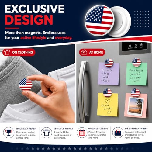 4 Race Bib Magnets for Runners, Race Bib Clips, No Pins, USA - color: Usa
