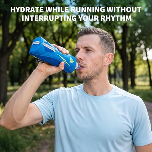Geila Handheld Water Bottle for Running, 17 oz Grip Handheld Bottle with Hand Strap Hydration Pack, Sport Soft Flask - color: Blue+500ML Soft Flask