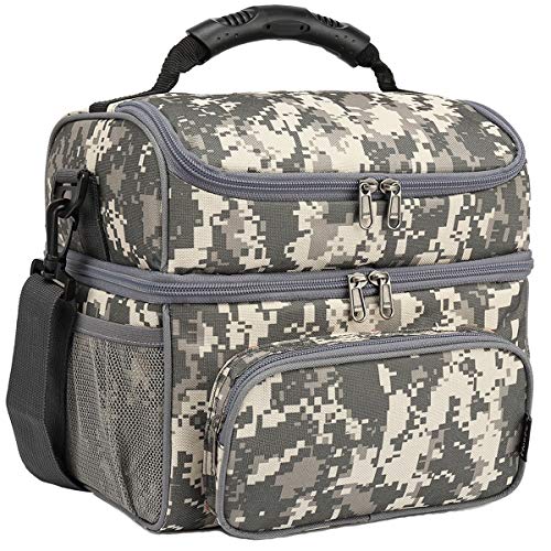 FlowFly Double Layer Cooler Insulated Lunch Bag Adult Lunch Box Large Tote Bag for Men, Women, With Adjustable Strap,Front Pocket and Dual Large Mesh Side Pockets - color: Digital Camo