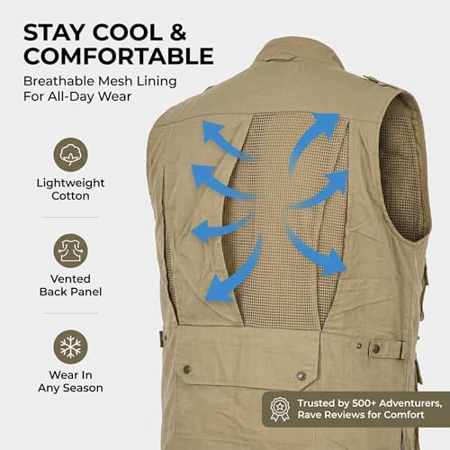 Humvee Utility Vest with 21 Pockets -Travel, Safari, Hunting, Camping, 100% Cotton, Tactical Jacket for Men & Women - color: Khaki, size: Small