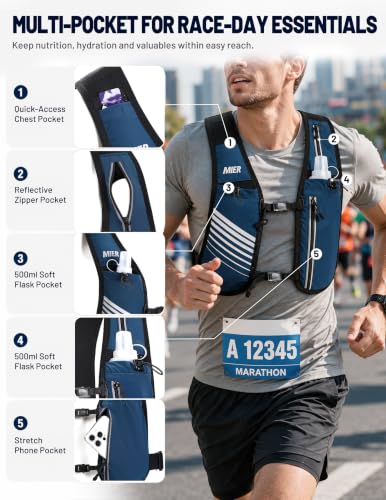 MIER Running Hydration Vest for Women Men, 500ml Soft Flask & Phone Holder - color: Blue, size: Medium-Large