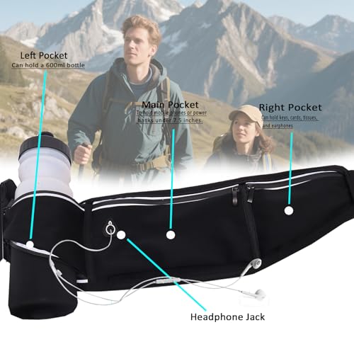 Running Belt with Water Bottle Holder,Large Fanny Pack for Men Women Girls Boys Kids Phone Pouch,Waist Bag Fit Hydration Hiking Runner Workout GYM Sport Travel Walking Slim Flat Bum Bag,Black - color: 01-Black