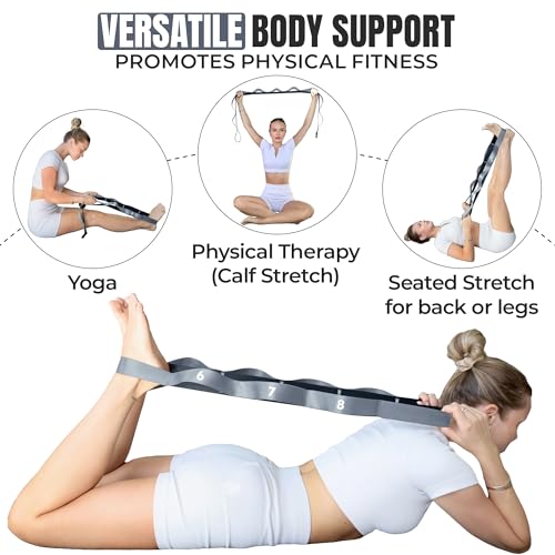 Stretch Strap with Loops Physical Therapy - Full Body Exercise Straps for Stretching with Detachable Foot - Leg & Calf Stretcher for Plantar Fasciitis, Physical Therapy, Pain Relief, and Flexibility - color: Grey