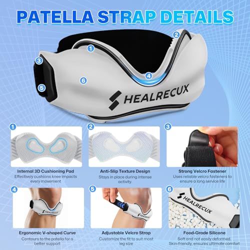 Healrecux Patellar Tendon Support Strap, Silicone Patella Knee Strap, Non-Slip Patella Stabilizer Knee Band for Jumpers Knee, Tendonitis, Basketball, Volleyball, Squats - White 2 Pack - color: White