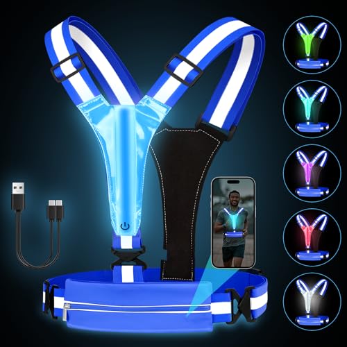 Fitense LED Reflective Running Vest with Phone Holder, Rechargeable 5 Colors Light Up Running Lights for Runners High Visibility Night Safety Gear, Adjustable for Men Women