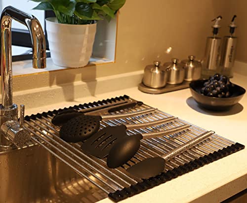 Ahyuan Roll up Dish Drying Rack Over The Sink Kitchen Roll up Sink Drying Rack Portable Dish Drainer Foldable Dish Drying Rack (Black, 17.8''X15.8'') - color: Black, size: Rectangle 17.8 inches x 15.8 inches
