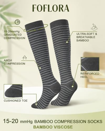 Bamboo Viscose Compression Socks|4Pairs 15-20mmHg Knee High Socks - color: Grey, size: Small-Medium