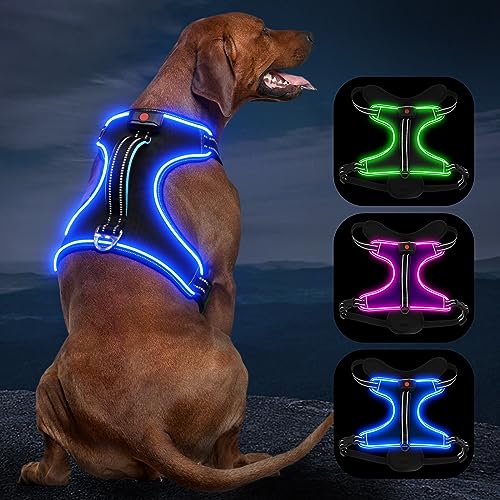 LED Light Dog Harness, X-Large, Black-Blue, No-Pull, Rechargeable, for Large Dogs - color: Black-Blue, size: XL