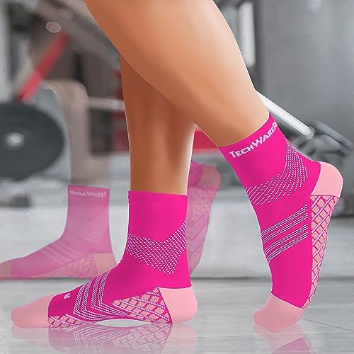 TechWare Pro Plantar Fasciitis Socks – Cushion Ankle Compression Socks Women & Men. Achilles Tendonitis Brace & Arch Support - color: Pink / White, size: Small