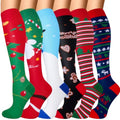 6 Pairs 20-30 mmHg Knee High Compression Socks, Unisex, Running, Travel - color: 01-christmas Multicolor, size: Small-Medium