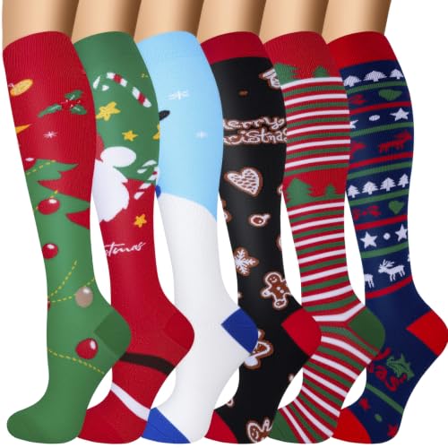 6 Pairs 20-30 mmHg Knee High Compression Socks, Unisex, Running, Travel - color: 01-christmas Multicolor, size: Large-X-Large