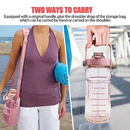 Half Gallon Water Bottle with Sleeve, 64OZ Motivational Water Bottle - color: Pink