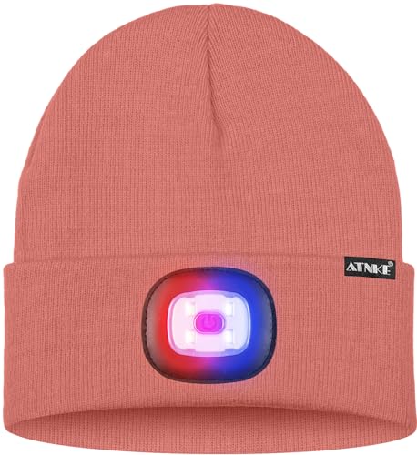ATNKE LED Lighted Beanie Hat,USB Rechargeable 4 LED Red and Blue Flashing Running Headlamp Cap Gifts for Men and Women - color: #Bean Paste Powder