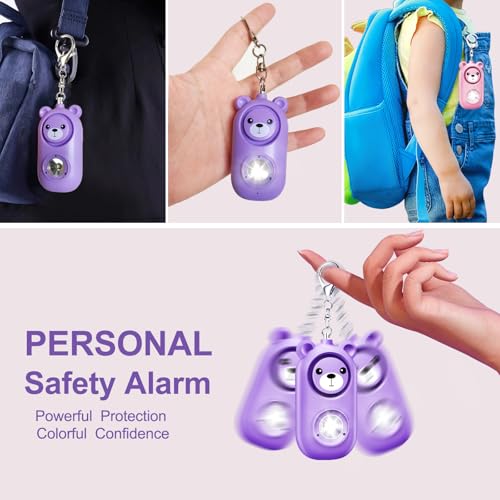 Personal Safety Alarm with LED Light, Rechargeable Cute Bear Design 130dB Self Defense Keychain Alarm, Emergency Security Alarm for Women Men Gilrs - color: Purple