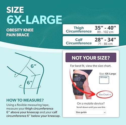 BraceAbility Obesity Hinged Knee Pain Brace - Overweight Men and Women's Wraparound Plus-Size Support for Osteoarthritis, Joint Pain, Ligament Weakness, Medial and Lateral Kneecap Instability (6XL) - size: 6X-Large