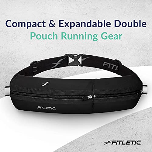 Fitletic Bolt Double Pocket Running Belt & Active Fanny Pack For Men & Women – Water Resistant, Lightweight Sleek Design – Patented No Bounce Hip Hugging Fit – Holds Any Phone - color: Black