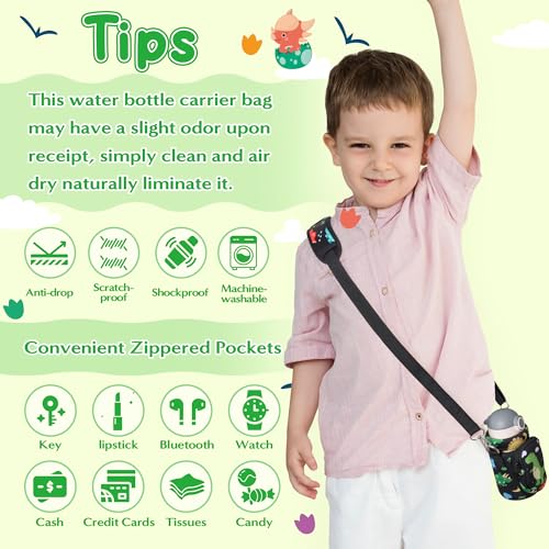 Water Bottle Carrier Bag with Strap for Kids - Water Bottle Bag Holder with Padded Strap Pocket 10/12/14/16/18Oz for Boys Girls School Walking Hiking Camping - style: Dinosaur