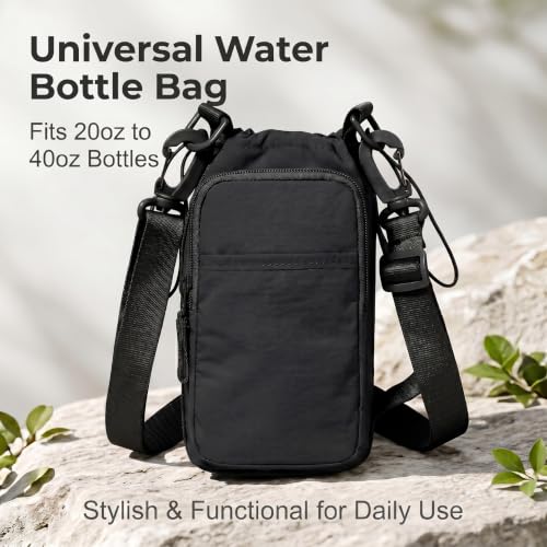 Water Bottle Holder with Strap, Crossbody Sling Bag for Walking Hiking - color: Black