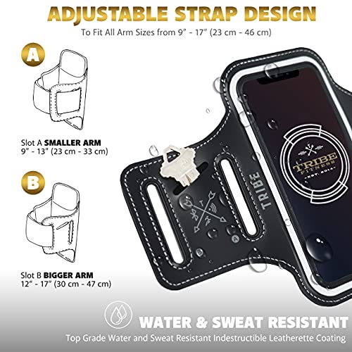 TRIBE Water Resistant Cell Phone Armband Case Running Holder for iPhone Pro Max Plus Mini SE (13/12/11/X/XS/XR/8/7/6/5) Galaxy S Ultra Plus Edge Note (21/20/10/9/8/7/6/5) Adjustable Strap & Key Pocket - color: Black/Grey