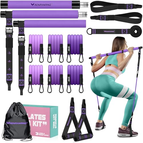 Pilates Bar Kit with Resistance Bands, Pilates Workout Equipment for Women - color: Purple