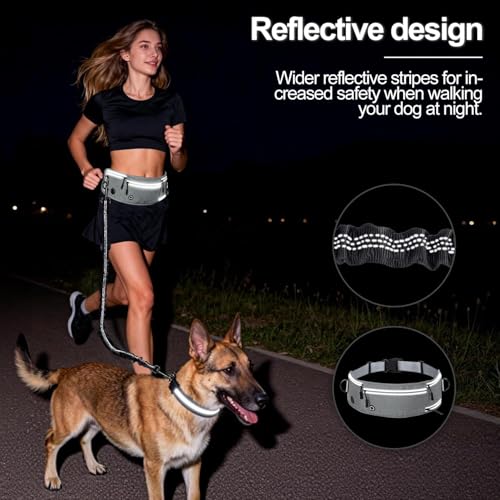 Hands Free Dog Leash with Partitioned Pouch Adjustable Waist Belt, Waist Leash for Dog Walking Running, Dual Handles,for Medium/Large Dogs - color: Grey