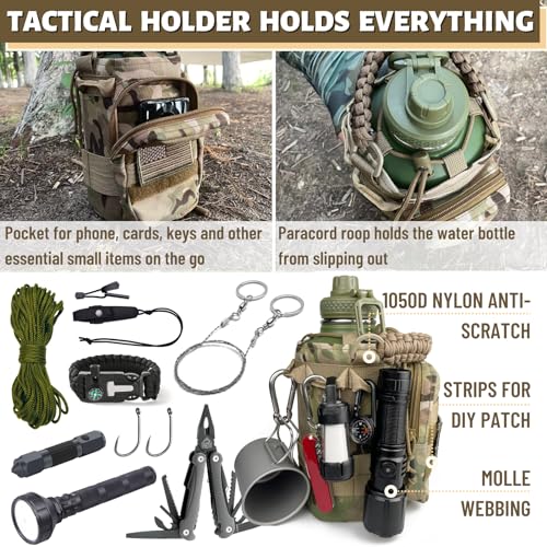 DEFUNX Half Gallon Water Bottle with Sleeve - 64 Oz Insulated Water Jug with Handle - Green Stainless Steel Sports Water Bottle for Gym Workout Hiking Tactical Bottle Holder with Pouch Camo - color: Green Bottle with CP Camo Sleeve, style: 64 Oz Water Bot