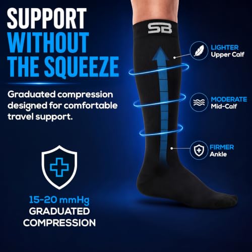 SB SOX Lite Compression Socks for Flying (15–20 mmHg) - color: Solid Black, size: S/M