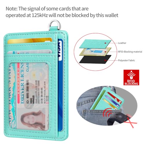 Slim Minimalist Front Pocket Wallet, RFID Blocking Credit Card Holder Wallet with Integrated D-Shackle for Men Women - color: Glossy Llight Turquoise