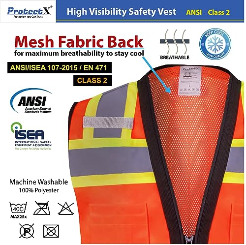 ProtectX High Visibility ANSI Class 2 Safety Vest with 6 Pockets - color: Neon Orange - Mesh Fabric, size: XX-Large