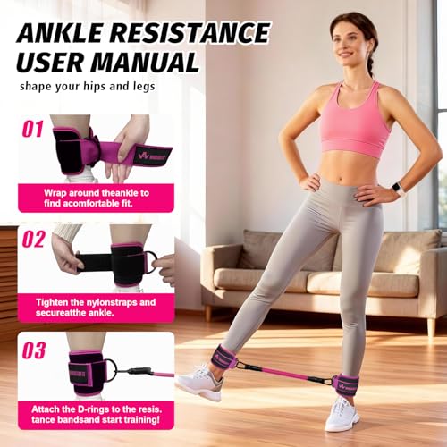 WHATAFIT Resistance Bands with Handles, 150 lb Exercise Bands Set - color: Pink Purple-Ankle