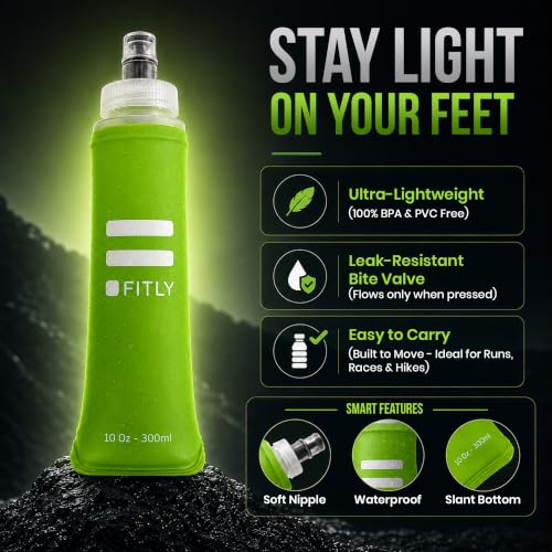 FITLY Soft Flask Running Water Bottle - Collapsible Hydration Flask - color: Green, size: 10 Ounces