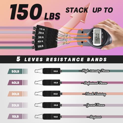 WHATAFIT Resistance Bands with Handles, 150 lb Exercise Bands Set - color: Morandi-01