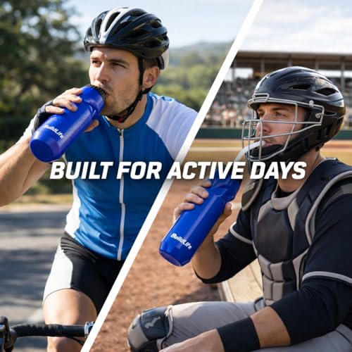 Hockey Water Bottle with Long Straw-32 OZ Squeeze Water Bottle for Football - color: Blue