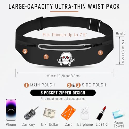 Music Skull Running Belts for Men Runner Waist fanny pack Wallet Holder - color: Music Skull