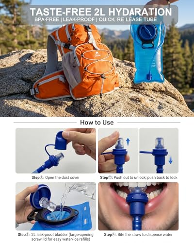 VPBAGE Hydration Backpack with 2L Bladder – Thermal Insulated Water Pack for Hiking, Skiing, Running – Lightweight Daypack for Men & Women, Soft-Lined Sunglasses Pocket & Large Waist Pockets - color: Orange
