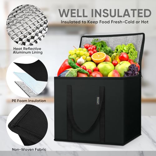 BALEINE Insulated Reusable Grocery Bags with Zippered Top, Large Cooler Bag - color: Charcoal Black, size: 4 Pack