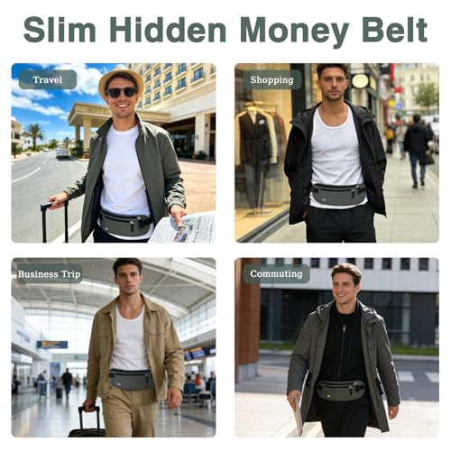 FuninCrea Waterproof Hidden Money Belt for Travel, Anti-Theft Belt Bag with RFID Blocking Function Adjustable Slim Waist Bag with 2 Zipper Pockets & 1 Back Pocket for Travel Running (B, Deep Grey) - color: B, Deep Grey