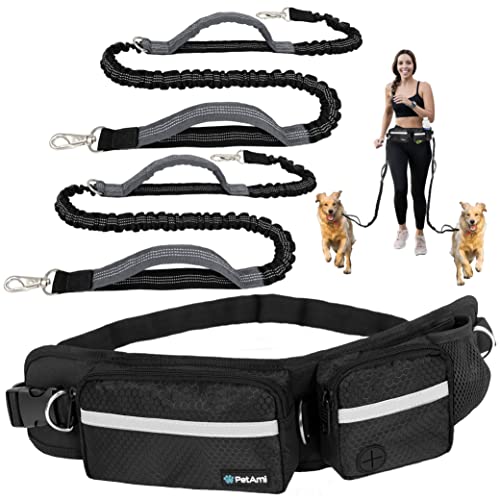 PetAmi Hands Free Dog Leash with Waist Running Belt Bag, Double (Black) - color: Black, size: 2 Leashes