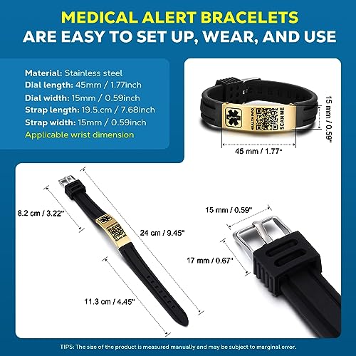 Medical Bracelets for Men Women with QR Code Medical Alert ID Bracelets - color: Champagne Gold Black