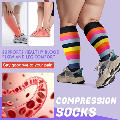 4 Pairs Plus Size Compression Socks,Extra Wide Calf 20-30 mmHg Knee High Compression Socks for Men Women Circulation - color: 02-polka Dot Pink, size: XX-Large