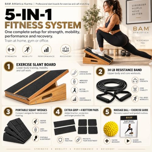 BAM Athletica Slant Boards for Exercise – Adjustable Wooden Calf Stretcher Incline Board for Calf Stretching, Squats, Physical Therapy, Plantar Fasciitis, Knee, Foot & Ankle Rehab, Velour Slant Board - color: Premium 5-in-1 Solution | Large Full Coverage